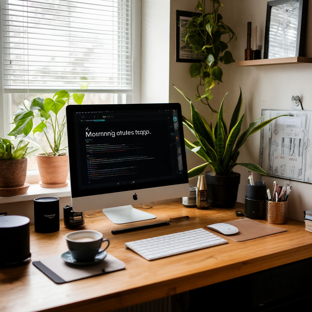 Morning routine setup with journal and coffee